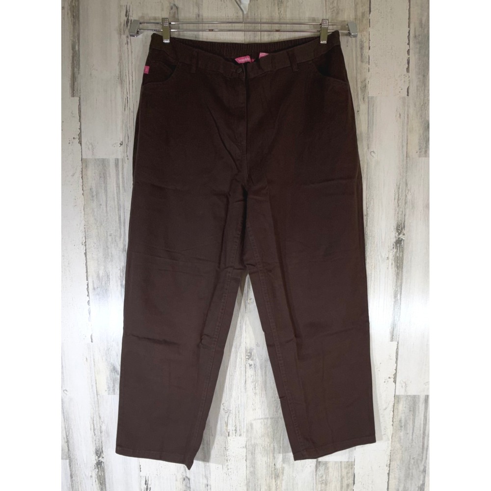 Woman Within Pants 20WP Brown Cotton Natural Fit Elastic Waist Straight Leg READ